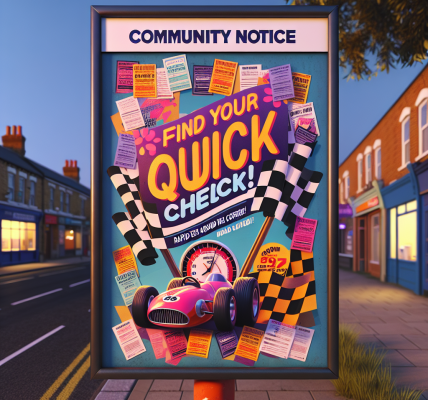 Colorful community notice with racing theme.