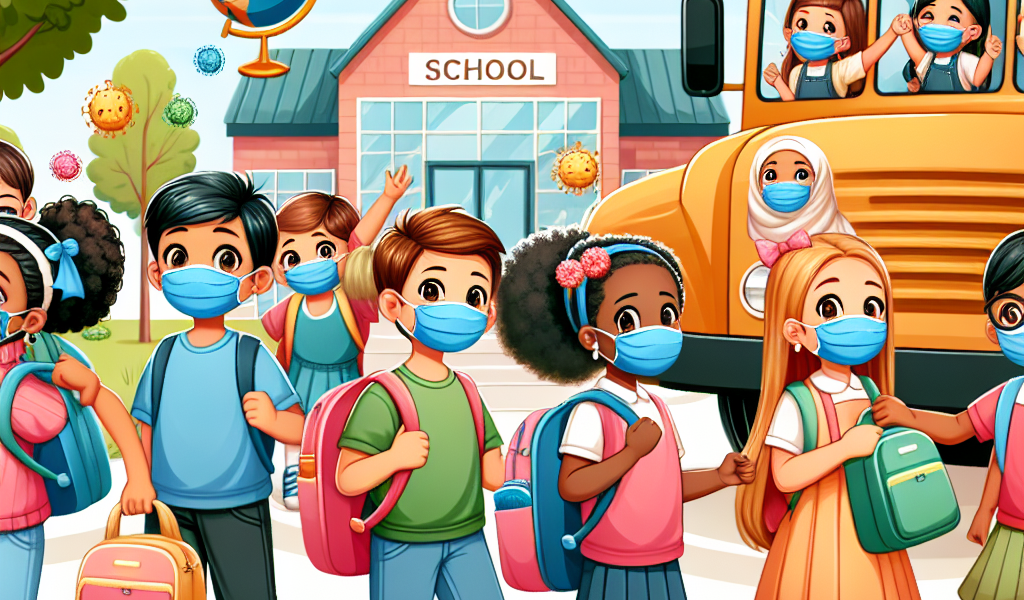 Kids in masks returning to school during pandemic.