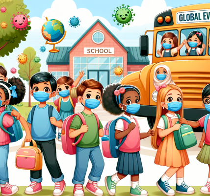 Kids in masks returning to school during pandemic.