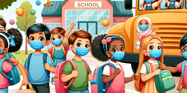 Kids in masks returning to school during pandemic.