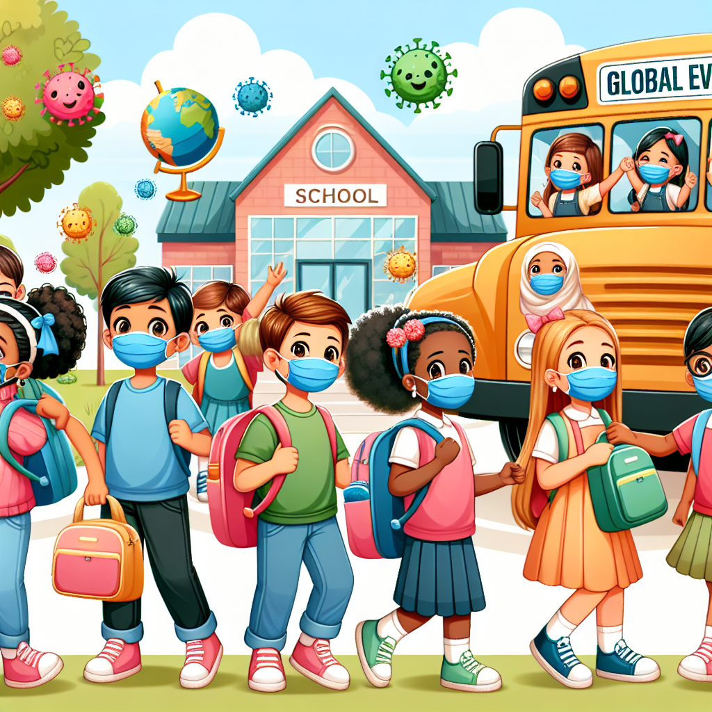 Kids in masks returning to school during pandemic.